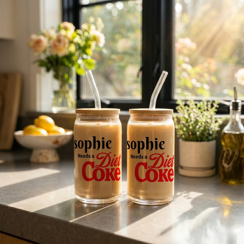 May include: Two glass tumblers filled with a light brown liquid, each with a bamboo lid and a curved glass straw. The text "sophie Needs a Diet Coke" is printed on the front of each glass. The glasses are on a countertop.
