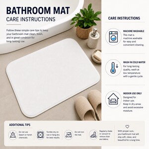 Puede incluir: Una alfombrilla de ba&ntilde;o rectangular blanca con esquinas redondeadas. La imagen incluye texto titulado BATHROOM MAT CARE INSTRUCTIONS, que detalla el lavado a m&aacute;quina, lavado en agua fr&iacute;a, uso en interiores y consejos de cuidado.