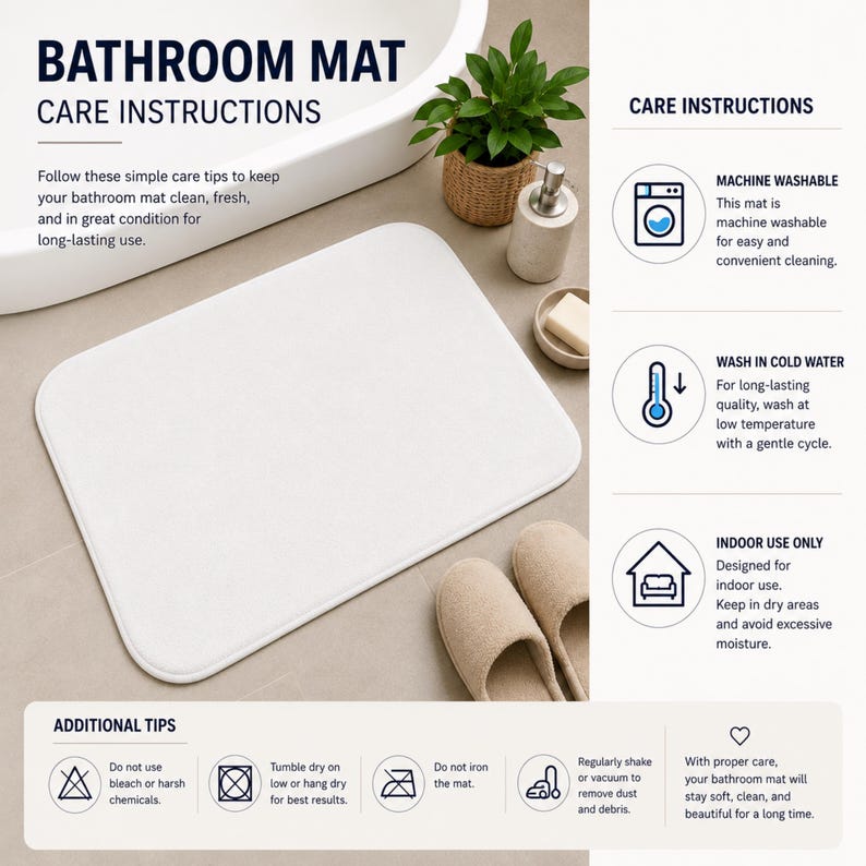 Puede incluir: Una alfombrilla de ba&ntilde;o rectangular blanca con esquinas redondeadas. La imagen incluye texto titulado BATHROOM MAT CARE INSTRUCTIONS, que detalla el lavado a m&aacute;quina, lavado en agua fr&iacute;a, uso en interiores y consejos de cuidado.