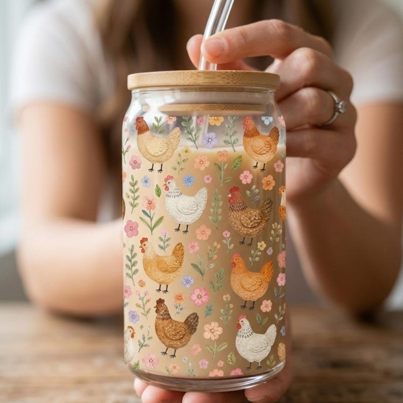 Puede incluir: Un vaso de vidrio transparente con tapa y pajita de bamb&uacute;, con un dise&ntilde;o caprichoso de gallinas y flores coloridas. El vaso est&aacute; lleno de una bebida de color claro. Un art&iacute;culo de bebida encantador y decorativo.