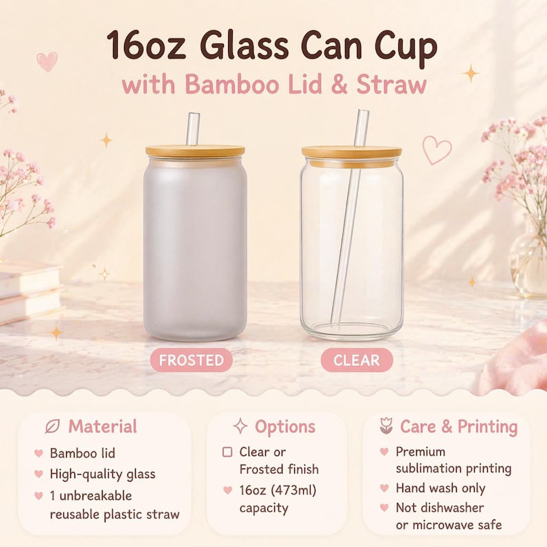May include: Two glass can cups with bamboo lids and straws. One cup is frosted, the other is clear. The text reads "16oz Glass Can Cup with Bamboo Lid & Straw". The cups have a 16oz (473ml) capacity.
