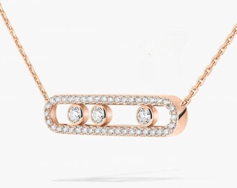 Collar de boda de moissanita de talla redonda de 3,0 mm, collar de diamantes móviles para mujer, collar de oro blanco macizo de 14 quilates con engaste pavé, regalo de aniversario