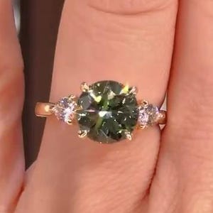 2ct Green Round Engagement Ring, Three Stone Green Moissanite Ring, Simulated Diamond Promise Ring, Solid Gold Anniversary Gift