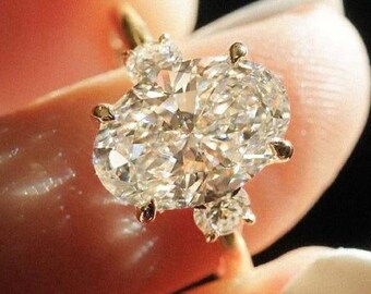 Anillo de compromiso de moissanita ovalada de 3 quilates, anillo de tres piedras con engaste tipo tulipán, anillo de promesa clásico de oro, regalo de aniversario de joyería nupcial