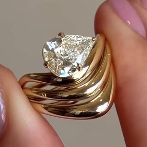 2ct Pear Cut Bridal Set, Solitaire Moissanite Engagement Ring, Three Curved Wave Band Simulated Diamond Wedding Set, Solid Gold