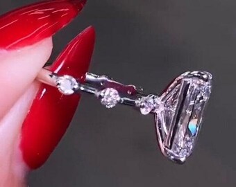 Anillo de compromiso de moissanita talla radiante de 3,5 quilates, banda de burbujas con pavé espaciado, anillo de promesa de oro blanco de 14k, joyería nupcial, regalo de aniversario