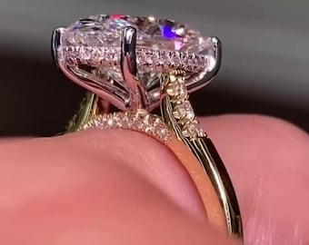 Anillo de compromiso de moissanita ovalada de 4 quilates, engaste tipo catedral con halo oculto, anillo solitario con pavé de diamantes en el puente, regalo de aniversario nupcial.