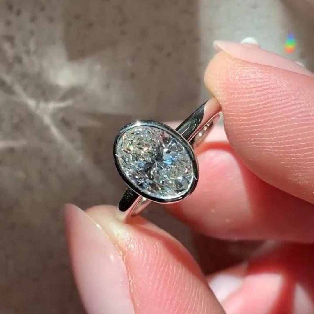 3ct Oval Cut Engagement Ring, Full Bezel Set Moissanite Ring ...