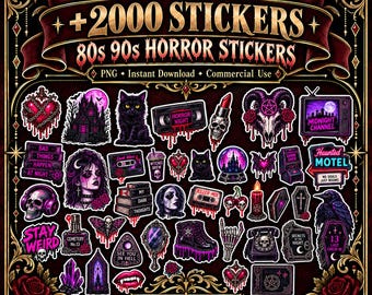 May include: A digital collection of 2000 horror-themed stickers featuring gothic imagery including skulls, black cats, cassette tapes, haunted houses, coffins, and occult symbols in shades of black, purple, and red with text overlays.