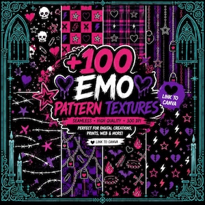 Può includere: Una collezione digitale di 100 texture di motivi emo con disegni neri, rosa e viola tra cui teschi, cuori, stelle, catene, lucchetti, filo spinato e fulmini, con il testo +100 EMO PATTERN TEXTURES e LINK TO CANVA.