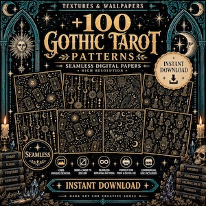 Può includere: Una collezione digitale di 100 motivi di tarocchi gotici con carte digitali senza cuciture in nero e oro. I disegni includono motivi celesti, carte dei tarocchi, falene, serpenti e chiavi. Il testo include +100 GOTHIC TAROT PATTERNS, SEAMLESS DIGITAL PAPERS, INSTANT DOWNLOAD e 3600 x 3600 PX 300 DPI.