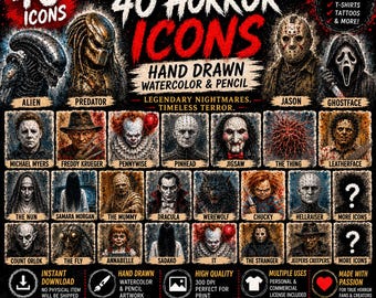 40 Horror Icons Bundle – Drawn Watercolor & Pencil Horror Clipart Collection