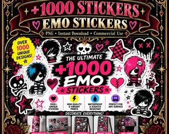 May include: A digital collection of over 1000 emo-themed stickers featuring skulls, hearts, stars, and stylized characters with black or pink hair. The graphic includes text such as +1000 STICKERS, EMO STICKERS, and DECORATE EVERYTHING, with examples of stickers applied to water bottles, laptops, notebooks, and phone cases.