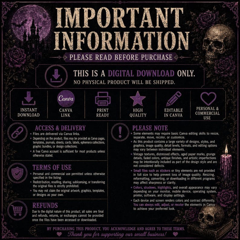 Op de afbeelding: Een donkerpaars en zwart digitaal download-informatieblad met een gothic esthetiek met schedels, rozen en een kasteel. De tekst beschrijft de gebruiksvoorwaarden, toegang en levering voor bewerkbare Canva-sjablonen zonder fysiek product.