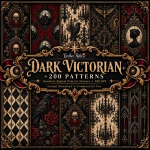 Può includere: Una collezione digitale di 200 motivi senza cuciture intitolata Dark Victorian di Ember Relics. Le immagini presentano motivi decorati tra cui teschi, corvi, rose rosse, lampadari, chiavi e sagome in una tavolozza di colori nero, oro e rosso.