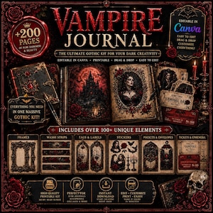 May include: A digital Vampire Journal kit featuring over 200 pages and 100 unique elements. The set includes printable frames, washi strips, tags, labels, stickers, pockets, and envelopes with gothic imagery, red roses, and dark castle illustrations.