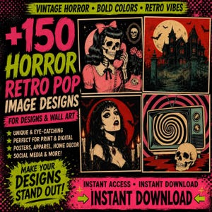 Op de afbeelding: Een digitale collectie van 150 horror retro pop afbeeldingen met een skelet aan een roze telefoon, een spookhuis, een donkerharig figuur met kaarsen en een televisie met een spiraalscherm en een schedel, allemaal in opvallende kleuren.