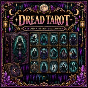 以下が含まれることがあります： 78枚のカード、3つのフレーム、1つの背景を含むDread Tarotカードセット。箱とカードには、紫、金、青緑の色調で描かれた暗く複雑なイラストが施されており、天体のモチーフ、頭蓋骨、フードを被った人物が全体に描かれています。