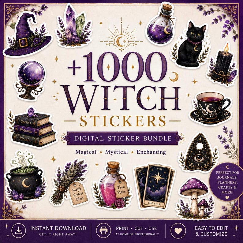 May include: A digital sticker bundle featuring over 1000 witch-themed illustrations including a purple hat, crystals, potion bottles, a black cat, a crystal ball, books, a cauldron, tarot cards, and mushrooms with text reading +1000 WITCH STICKERS.