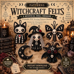 Könnte beinhalten: Ein druckbares PDF-Schnittmuster-Paket mit dem Titel Witchcraft Felts, das fünf mystische Puppendesigns enthält, darunter eine Skelettkatze, eine Hexe, eine Motte, einen Halbmond und eine gehörnte Kreatur. Das Dokument enthält Text für A4.