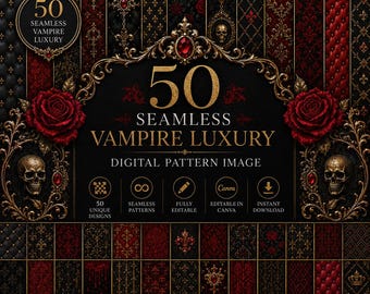 50 Seamless Vampire Luxury Digital Patterns Pack  - Editable Canva Textures - Instant Download