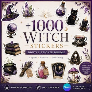 May include: A digital sticker bundle featuring over 1000 witch-themed illustrations including a purple hat, crystals, potion bottles, a black cat, a candle, a crystal ball, books, a cauldron, lavender, tarot cards, a planchette, and mushrooms.