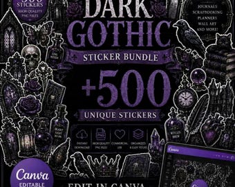 Dark Gothic Sticker Bundle +500 | 25 Pages Editable Canva Vintage Gothic PNG Stickers