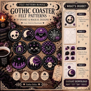 Könnte beinhalten: Ein digitales Schnittmuster-Set für zehn Filzuntersetzer mit Gothic-Motiven wie Totenkopf, Fledermaus, Spinnennetz, Katze und Pilz. Das Dokument umfasst vier Seiten mit Anleitungen, Schnittteilen und Montageanleitungen für diese runden Bastelarbeiten.
