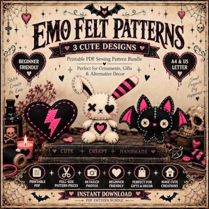 Puede incluir: Un paquete de patrones de costura en PDF imprimible titulado Emo Felt Patterns que presenta tres diseños: un corazón negro con un rayo rosa, un conejo color crema con una oreja a rayas y un murciélago negro con alas rosas, sobre libros antiguos.