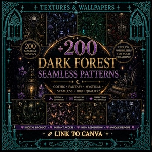 Può includere: Una collezione digitale di 200 motivi senza cuciture di foresta oscura con temi gotici, fantasy e mistici. La grafica include testo come +200 DARK FOREST SEAMLESS PATTERNS, TEXTURES & WALLPAPERS e LINK TO CANVA, incorniciato da bordi decorati color verde acqua.
