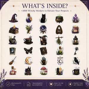 May include: A collection of 1000 digital stickers featuring witchy themes including a witch hat, potion bottles, black cat, cauldron, crystals, candles, tarot cards, moon, butterfly, spellbook, broom, house, mushrooms, and raven with the text WHAT'S INSIDE?