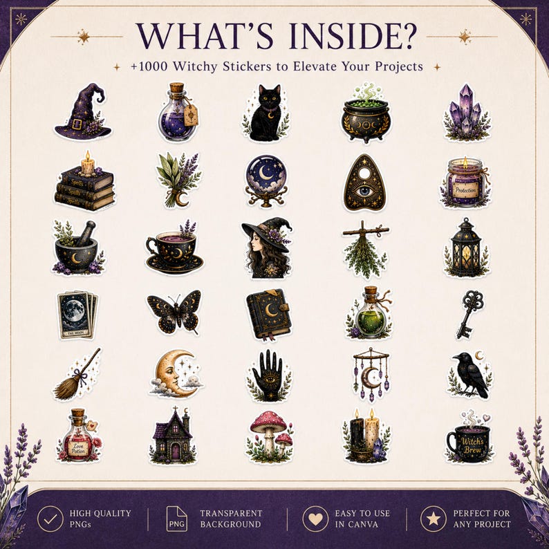 May include: A collection of 1000 digital stickers featuring witchy themes including a witch hat, potion bottles, black cat, cauldron, crystals, candles, tarot cards, moon, butterfly, spellbook, broom, house, mushrooms, and raven with the text WHAT'S INSIDE?