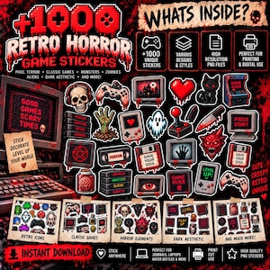 Może przedstawiać: Cyfrowa kolekcja ponad 1000 naklejek z grami w stylu retro horror, zawierająca pikselowe wzory czaszek, kontrolerów do gier, potworów, zombie i kosmitów. Grafiki zawierają teksty takie jak "Good Games Scary Times" i "Save Your Soul" w czerwono-czarno-białej palecie kolorów.