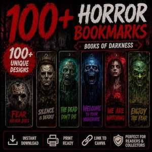 Könnte beinhalten: Eine Sammlung von 100+ Horror-Lesezeichen mit dem Titel Books of Darkness, bestehend aus sechs vertikalen Designs mit düsteren Illustrationen von maskierten Figuren, Zombies, Totenköpfen und Geistern sowie Texten wie Fear Never Dies und Welcome to Your Nightmare.