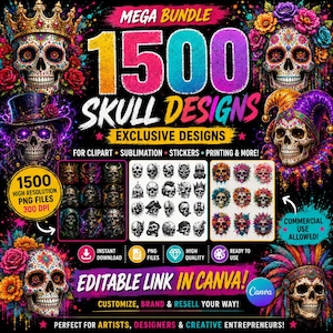 Op de afbeelding: Een levendige afbeelding met een mega-bundel van 1500 schedelontwerpen. De afbeelding toont verschillende schedelillustraties met kronen, bloemen en andere decoratieve elementen. Tekst bevat "Exclusive Designs" en "Editable Link in Canva!" voor kunstenaars en ontwerpers.