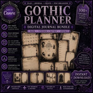 May include: A digital gothic planner journal bundle featuring over 100 editable Canva pages. The design includes dark, vintage-inspired layouts with skull and raven illustrations, text fields for daily, weekly, and monthly planning, and printable PDF files in A4, US Letter, and A5 sizes.