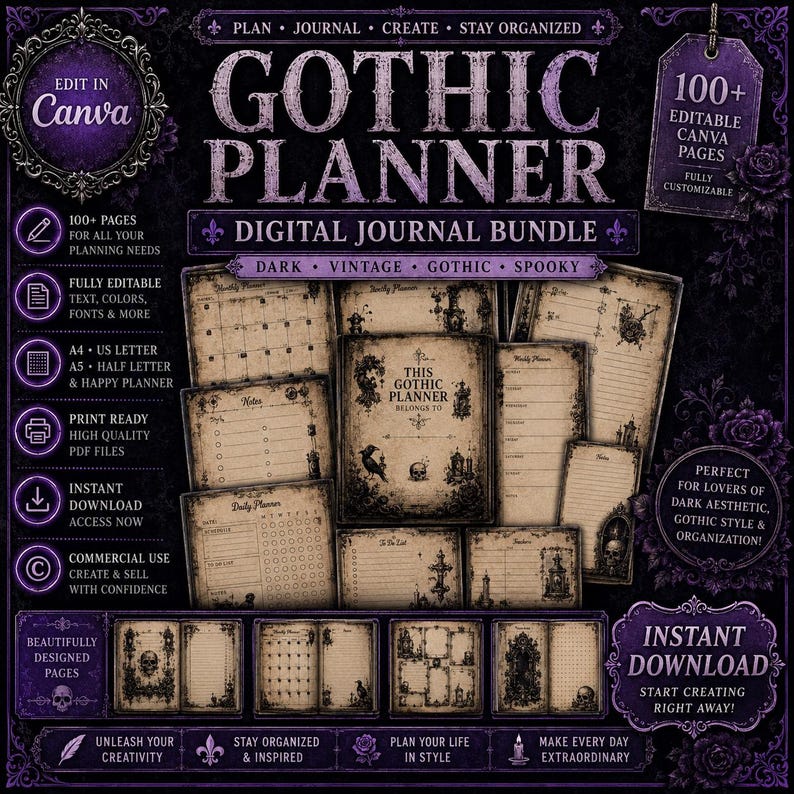 Op de afbeelding: Een digitaal gothic planner journal-pakket met meer dan 100 bewerkbare Canva-pagina's. Het ontwerp bevat donkere, vintage-ge&iuml;nspireerde lay-outs met schedel- en ravenillustraties, tekstvelden voor dagelijkse, wekelijkse en maandelijkse planning, en printbare PDF-bestanden in A4, US Letter en A5-formaten.