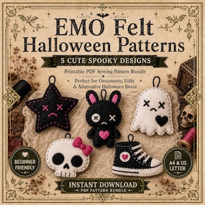 Op de afbeelding: Een printbaar PDF-naaipatroonpakket getiteld EMO Felt Halloween Patterns met vijf schattige griezelige ontwerpen, waaronder een zwarte ster, een zwart konijn, een wit spook, een witte schedel met een roze strik en een zwarte hoge sneaker.