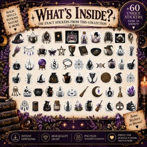 May include: A collection of 60 stickers featuring dark, mystical illustrations including witch hats, cauldrons, crystal balls, potion bottles, moons, stars, and various magical artifacts arranged on a parchment-style background.