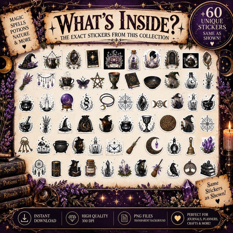 May include: A collection of 60 stickers featuring dark, mystical illustrations including witch hats, cauldrons, crystal balls, potion bottles, moons, stars, and various magical artifacts arranged on a parchment-style background.