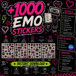 以下が含まれることがあります： 黒い背景にピンクと白のグラフィックが描かれた1000枚の絵文字ステッカーのデジタルバンドル。デザインには、ドクロ、ハート、星、カセットテープが含まれ、「not sad, just not fake」や「scene kid 4 life」といったテキスト要素があり、Canvaでの編集オプションも備えています。