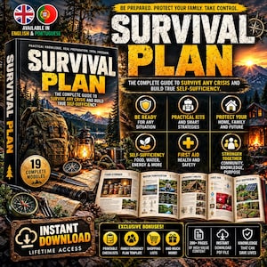 May include: A digital survival guide titled Survival Plan featuring a book cover with a backpack, lantern, and compass, alongside an open book displaying pages on food storage, water purification, shelter, first aid, and self-sufficiency.