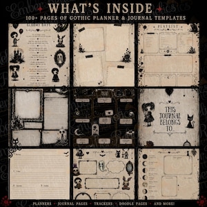 Op de afbeelding: Een digitale collectie van 100+ gotische planner- en journaltemplates met verouderde papiertexturen, donkere illustraties van personages, katten en kastelen, met teksten zoals "WHAT'S INSIDE", "GLOOMY DAYS", "PLAYLIST" en "THIS JOURNAL BELONGS TO".