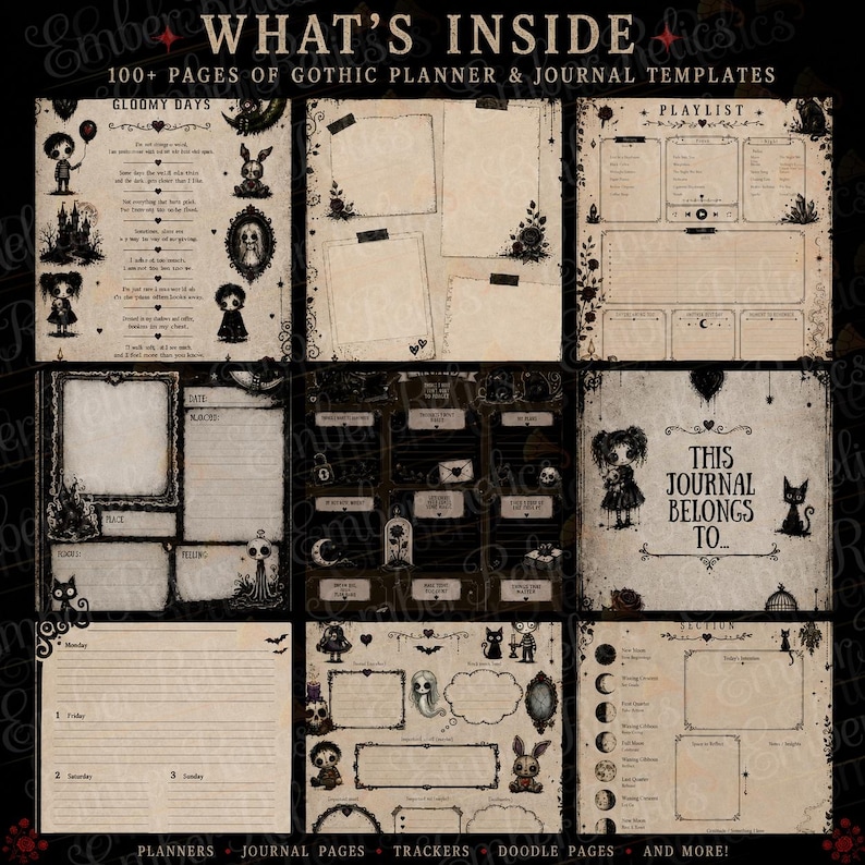 Op de afbeelding: Een digitale collectie van 100+ gotische planner- en journaltemplates met verouderde papiertexturen, donkere illustraties van personages, katten en kastelen, met teksten zoals "WHAT'S INSIDE", "GLOOMY DAYS", "PLAYLIST" en "THIS JOURNAL BELONGS TO".