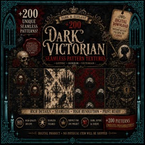 Könnte beinhalten: Eine digitale Sammlung von 200 nahtlosen Dark Victorian Mustertexturen mit gotischen Motiven wie Totenköpfen, Raben und verzierten Rahmen. Die Grafik enthält Text wie Dark Victorian, Digital Download und High Resolution in den Farben Schwarz, Rot und Gold.