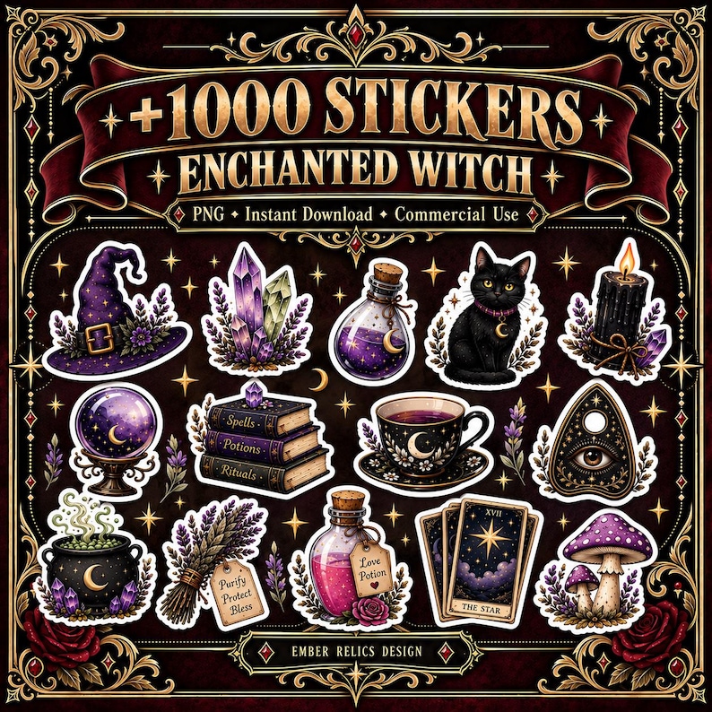 May include: A digital collection of 1000 Enchanted Witch stickers featuring illustrations of a purple witch hat, crystals, potion bottles, a black cat, a candle, a crystal ball, spell books, a teacup, a planchette, a cauldron, lavender, tarot cards, and mushrooms.