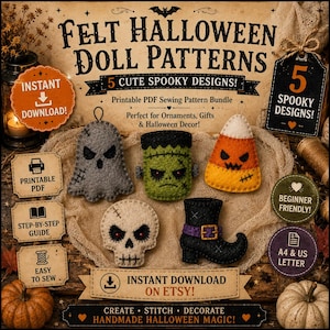 May include: A digital advertisement for a felt Halloween doll sewing pattern bundle featuring five spooky designs including a ghost, Frankenstein monster, candy corn, skull, and witch boot, with text indicating instant download and PDF format.
