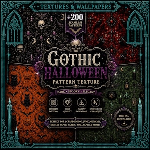 Puede incluir: Una colección digital de más de 200 patrones sin costuras con temas góticos y de Halloween. La imagen muestra cuatro cuadrantes con fondos negro, rojo, naranja y verde, con calaveras, gatos, calabazas y velas en marcos ornamentados.