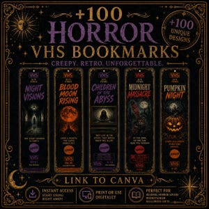 以下が含まれることがあります： Night Visions、Blood Moon Rising、Children of the Abyss、Midnight Massacre、Pumpkin NightというタイトルのホラーVHSテープデザインが施された、5枚の縦型ブックマークのコレクション。暗く装飾的な背景が特徴です。