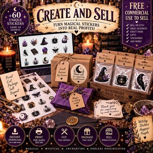 May include: A digital product kit for creating and selling stickers, featuring a laptop displaying magical illustrations, printed sticker sheets, packaged sticker sets in a wooden crate, and kraft paper tags with text including Create and Sell.